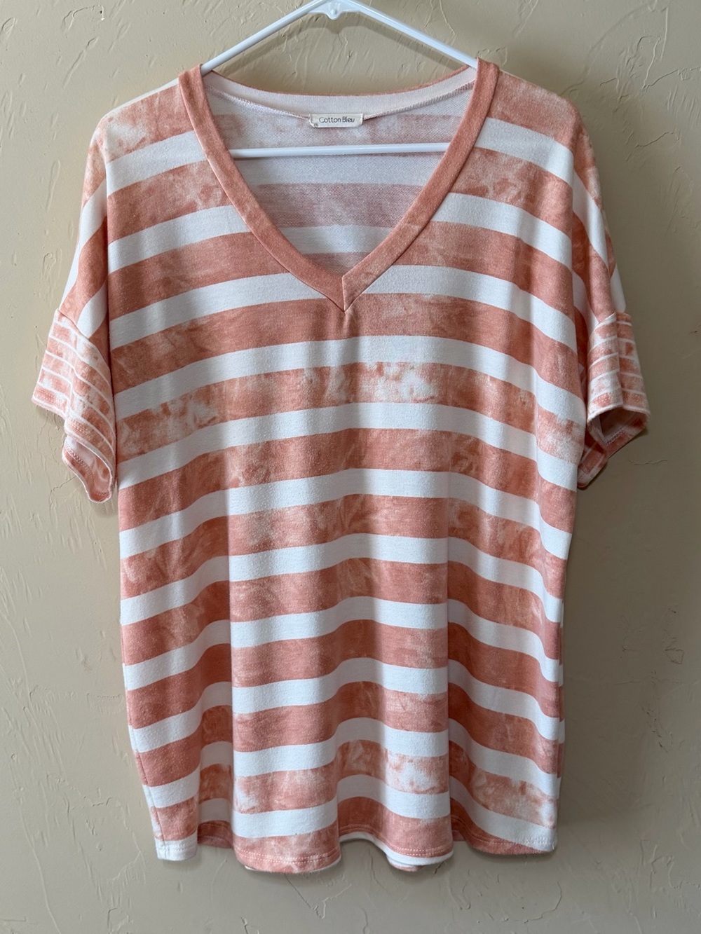 Cotton Bleu Coral Striped V-Neck Short Sleeve Tee